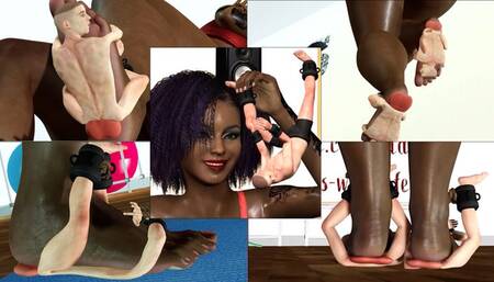 Gorgeous giant ebony woman stomping on little men during dance aerobics