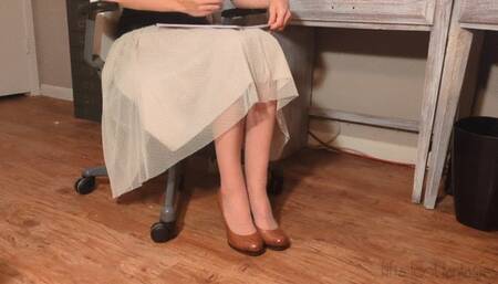 Fifi sitting at her desk grading papers absentmindedly dangling her heels and slipping off her nude thigh high nylons *new*