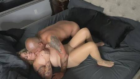 elevated view of me getting fucked in torn pantyhose and cum all over my big tits