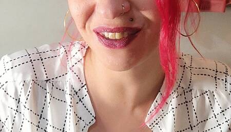 Blowing smoke in your face with my big lips - Marlboro red - White shirt and jeans - hair tied up