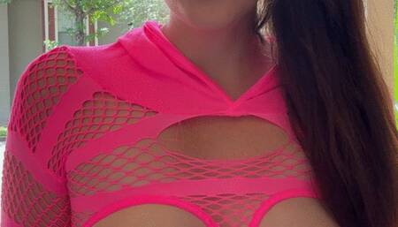 Sexy Goddess D in Fishnet Top Smoking in Public with Perky Titties Out