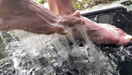 Bare feet struggling in sticky superglue trap