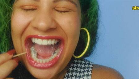 Tooth picking, tooth brushing, applying lipstick and gloss