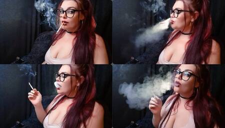 Chain smoking 2 Marlboros, close up side profile