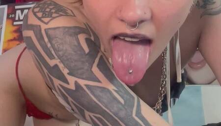 Goth Girl black lipstick LONG TONGUE SLOPPY BLOWJOB spit Tongue Fetish Mouth fetish