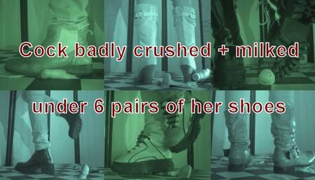 Cock badly crushed and milked under 6 pairs of her shoes - VD 09