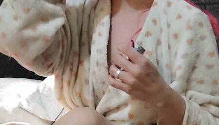 Last cigarette of the night - some nose inhales and exhales - wet hair