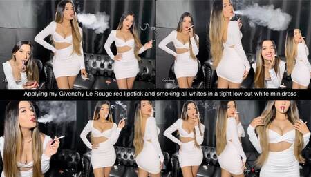 Applying my Givenchy Le Rouge red lipstick and smoking all whites in a tight low cut white minidress