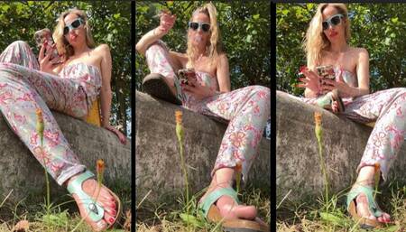 Smoking a Marlboro red 100 in public in Birkenstock