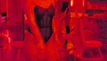 Naughty smoker on pole dance for you - Long leather boots - red natural light