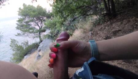 Man met cute girl in the forest and fucked her hairy pussy, She made his cum by handjob, 4K