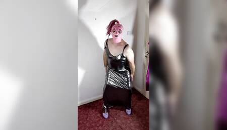 UK TV Slut Nottstvslut in Shiny Silver Ballgown. Hooded Latex