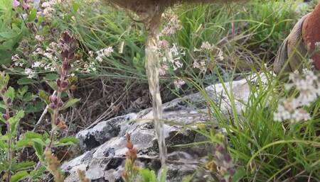 Sunset pee nature on the grass and stone compilation, wet yoga pants, Great view of the meadow, 1080 HD 60FPS