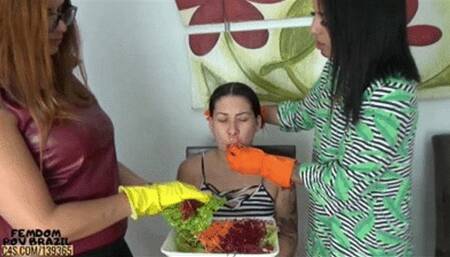 Vegans shove vegetables into slave's mouth (eating) by Bety and Kelly # 1080HD