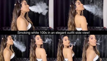 Smoking white 100s in an elegant outfit side view! Includes nose exhales