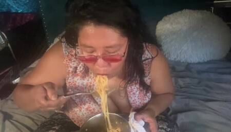 Eating a pot of pasta
