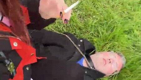 Walking, Human Ashtray, Collar and leash in public with Princess Diss and male submissive