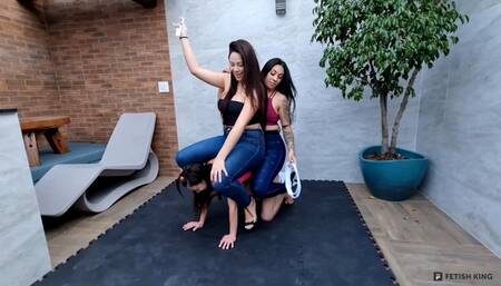 Pony Play - Petite Girl Vs Two Giant Bitches Part 2