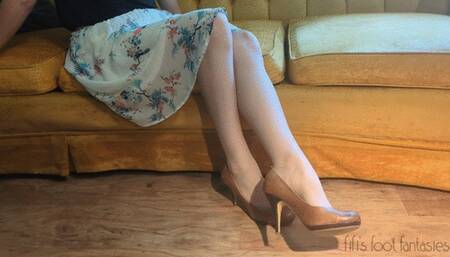 Fifi dangling her brown leather heels while simultaneously stripping off her nude thigh high nylons *new* replay