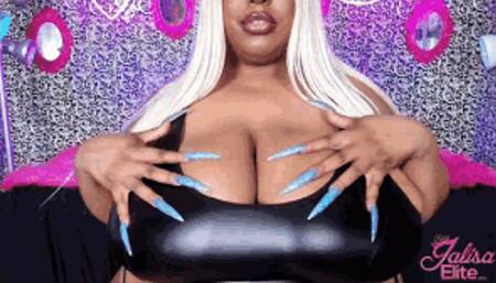 Sensual Long Blue Glitter Stiletto Nail and Big Tit Tease (MP4 Version)