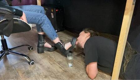 I'm feeding My slave with chewed snacks and My saliva from the floor and the soles of My shoes and a glass of water filled with My spits as a dessert