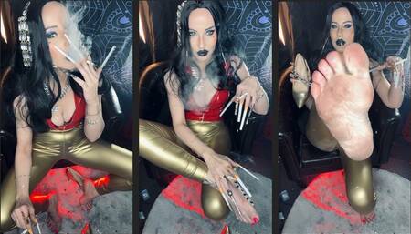 Your Queen smokes 2 Marlboro 100 at once in pvc and extra long nails While u worship her dirty feet