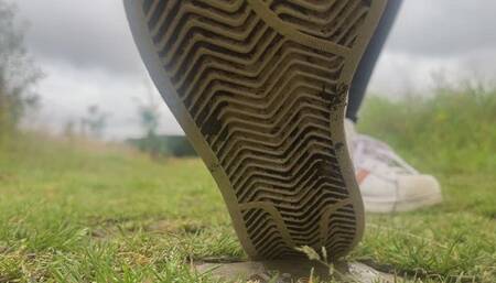 Outdoor spitting and stepping on it, wearing my Adidas Superstars Sneakers you see the spit dripping from the soles