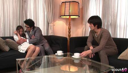 Asian Skinny Teen Aoi Fucked in Her Hairy Pussy by Two Bosses at a Meeting