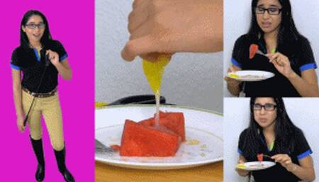 eRica finds out her riding lessons are not exactly “free”! Must pour condom cum on her watermelon & eat it!