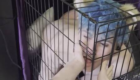 Cuck waits in dog cage, as his gf comes back from spending the night with her bull and going to the gym, when she returns, she rewards his loser cucky bf with her sweaty feet