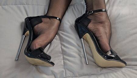 Milah Arches Crossed Legs Fetish Dream in Black Cervin Stockings and Fetish Metal Heels