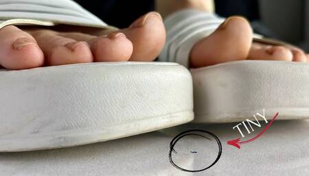 Worshipping the feet of a giantess in sandals by a tiny guy