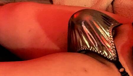 Shiny Silver Satin Sissy Thong Bulge Play & Jerk