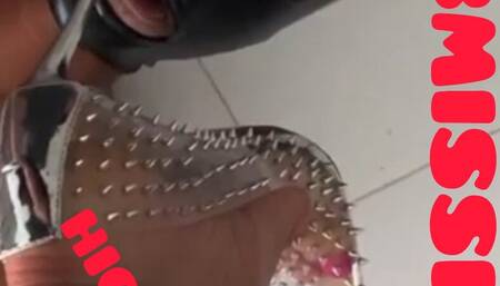 Submissive licking and sucking high heels