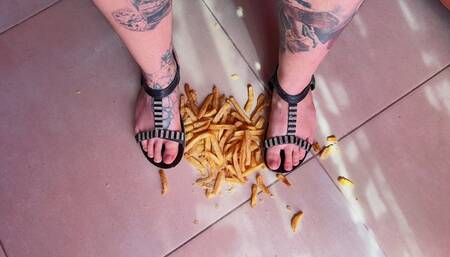 crush French fries in flat sandals