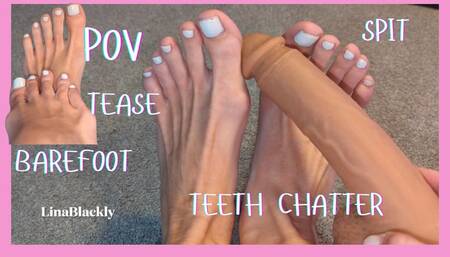 Lina's Barefoot Dildo Tease with Teeth Chatter and Spit