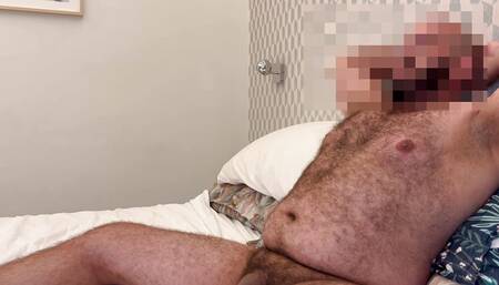 Hairy Uncut Bear Spits, Shows off His Ass and Shoots Cum All Over His Belly