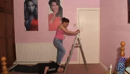 Sophie Stepping On His Head & Hands On The Ladder