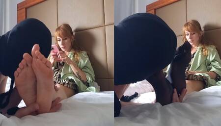 He licks and sniffs my pantyhose feet and then my bare feet