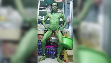 Green Man Masturbates His Small Cock