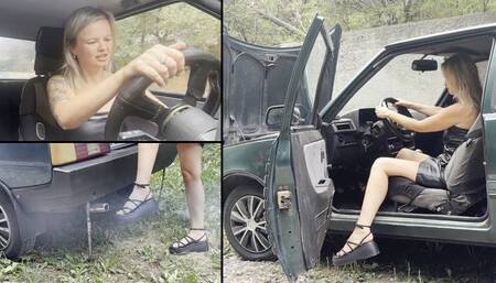 Anastasia cranking ZAZ then playing with exhaust fumes