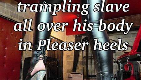 Princess Diss trampling slave all over his body in Pleaser heels
