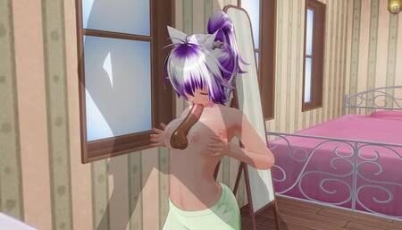 3D Hentai Girlfriend in Green Pajamas Rubs Cock with Boobs and Sucks It
