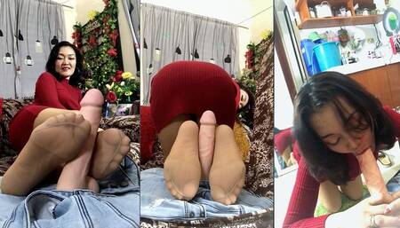 Red Dress Foot Job and Blow Job