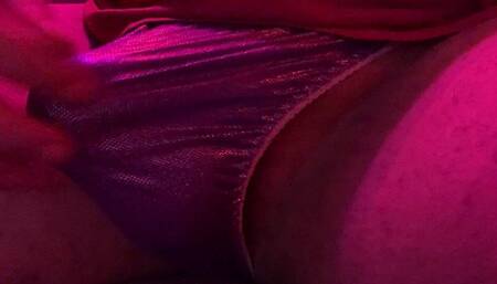 Panty Cum in a Purple Satin Thong