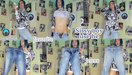 Sissy boy modeling her favorite jeans livecam