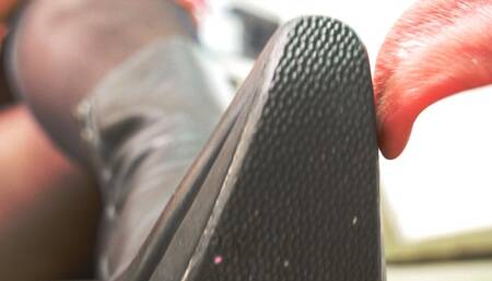 POV: The high-heeled beauty humiliates the cameraman and lets him lick her heels off