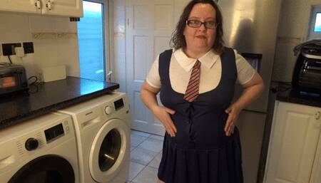 Naughty wife in Collage uniform playing with shaven pussy
