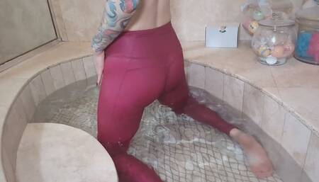 Shiny Pink Leggings in the Bathtub