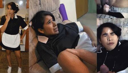 Indentured maid eRica gets fucked on the couch & is blasted with cum